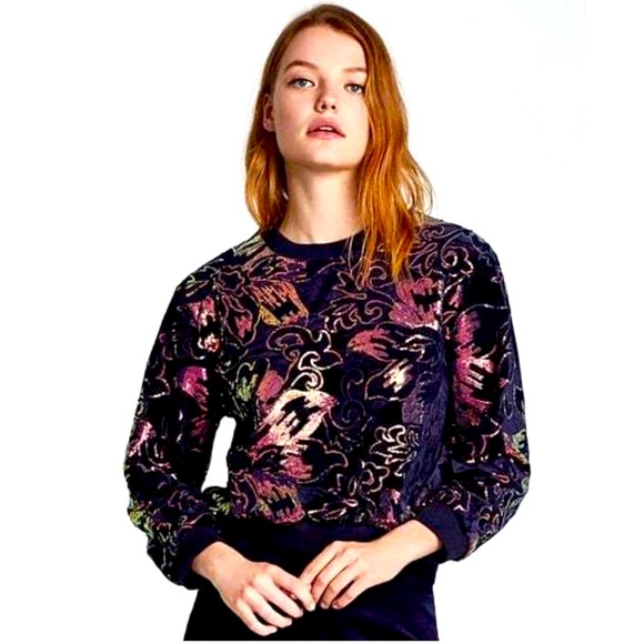 Zara Sweaters Zara Velvet Floral Sequin Embroidered Sweatshirt